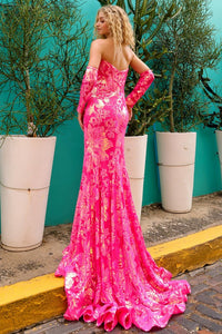 Fuchsia Straight Across Top Sequin Embellished Trumpet Dress