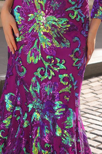 Purple Straight Across Top Sequin Embellished Trumpet Dress