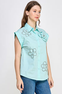 Mint Rhinestone Detail Button Shirt