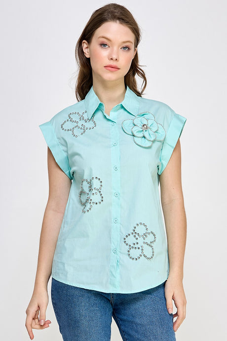 Mint Rhinestone Detail Button Shirt