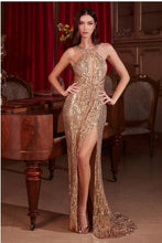 Gold Halter Sequin Fitted Gown