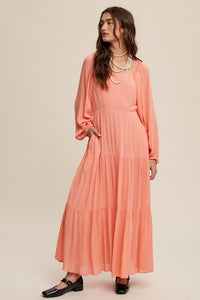 Peach Amber Square Neck Tiered Maxi Dress