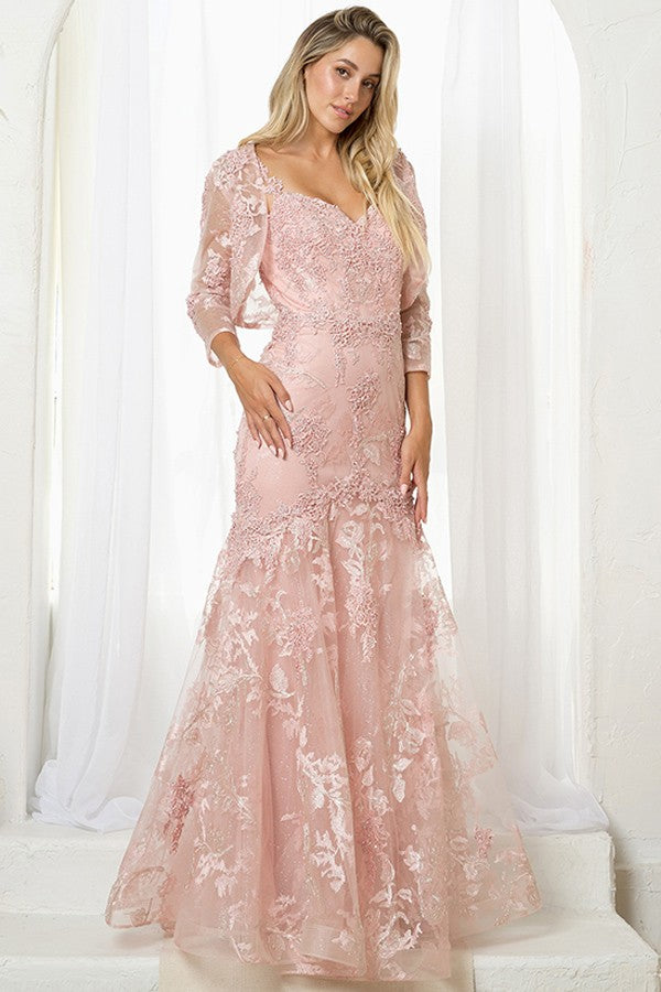 Dusty Rose Lace Fit And Flare Gown With Bolero