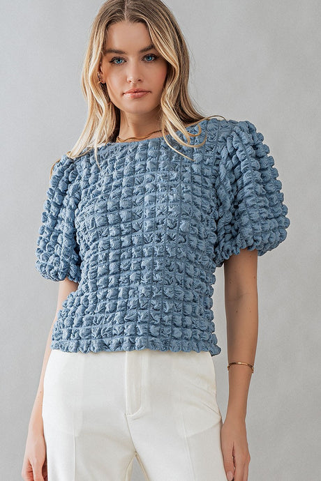 Dusty Blue Short Sleeve Bubble Texture Top