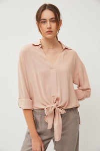 Dusty Peach V-Neck Tie Front Roll Up Sleeve Shirt