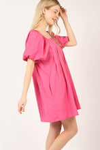 Hot Pink Puff Sleeve Pleated Spring Mini Dress