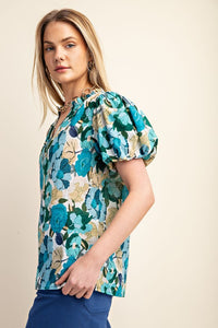 Blue Mix Vibrant Floral Print Split Neckline Blouse