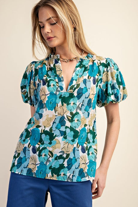 Blue Mix Vibrant Floral Print Split Neckline Blouse