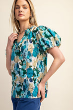 Blue Mix Vibrant Floral Print Split Neckline Blouse