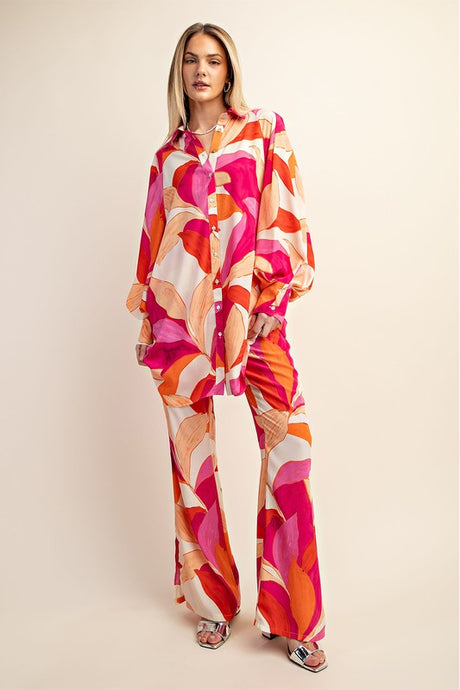 Fuchsia Printed Wide Leg Pants With Flared Slits