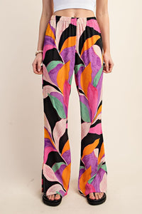 Black Printed Wide Leg Pants With Flared Slits