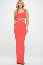 Coral Thick Strap Waist Cut Out Detail Long Dress