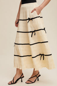 Natural Plisse Bow Contrast Maxi Skirt