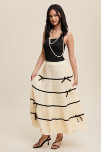 Natural Plisse Bow Contrast Maxi Skirt