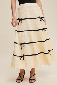 Natural Plisse Bow Contrast Maxi Skirt