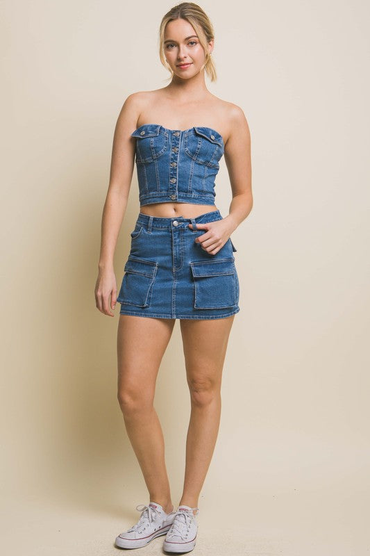 Blue Denim Strapless Button Vest Top