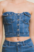 Blue Denim Strapless Button Vest Top