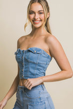 Lt.Blue Denim Strapless Button Vest Top