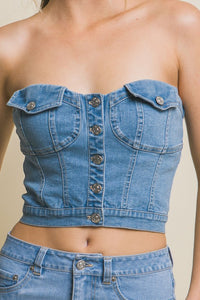 Lt.Blue Denim Strapless Button Vest Top