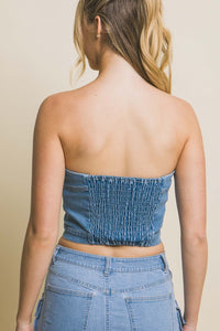 Lt.Blue Denim Strapless Button Vest Top