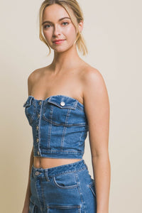 Blue Denim Strapless Button Vest Top