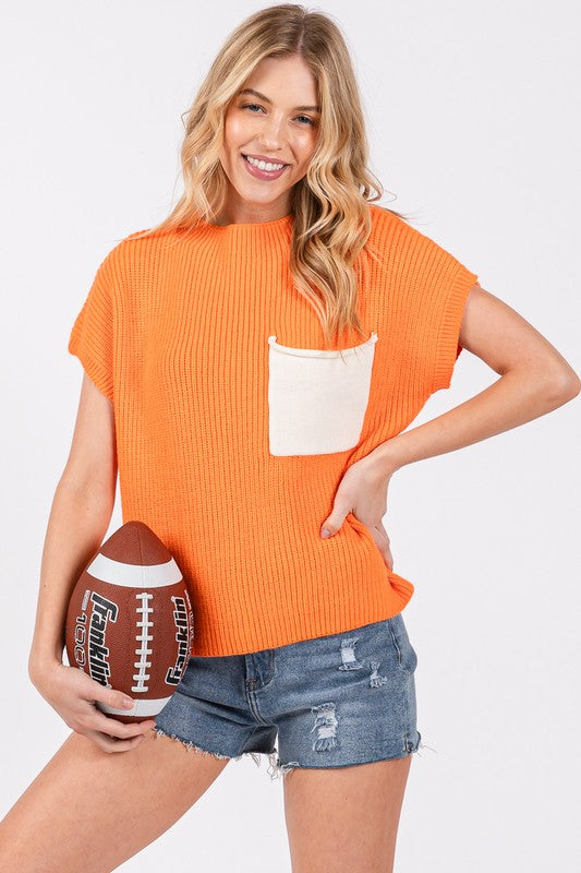 Orange/White Color Blocked Sweater Top