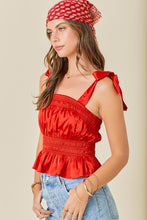 Red Satin Shirred Top With Shoulder Tie Strap