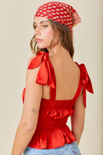 Red Satin Shirred Top With Shoulder Tie Strap