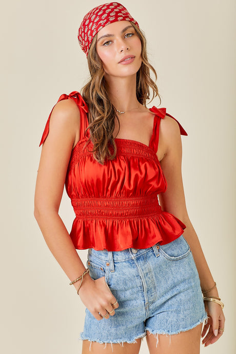 Red Satin Shirred Top With Shoulder Tie Strap