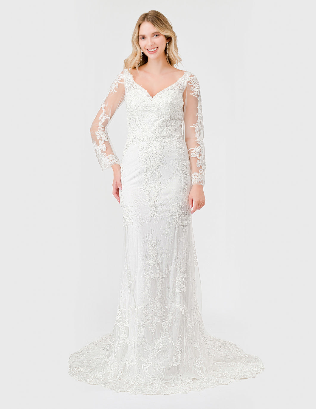 Off-White Lace Embroidered Long Sleeve Wedding Dress