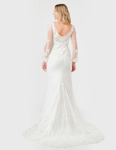 Off-White Lace Embroidered Long Sleeve Wedding Dress