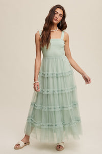 Green Lily Frilly Ruffle Tiered Mesh Maxi Dress