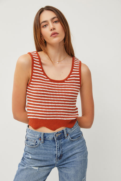 Brick Striped Scalloped Hem Chunky Knit Sweater Tank