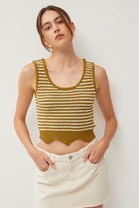 Moss Striped Scalloped Hem Chunky Knit Sweater Tank