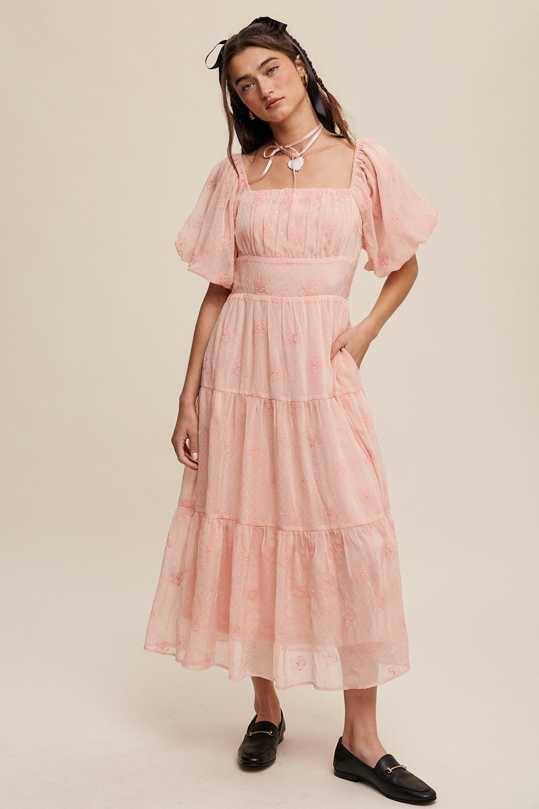 Apricot Flower Embroidered Puff Sleeve Tiered Maxi Dress