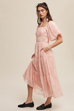 Apricot Flower Embroidered Puff Sleeve Tiered Maxi Dress