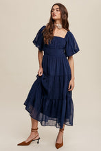 Midnight Flower Embroidered Puff Sleeve Tiered Maxi Dress