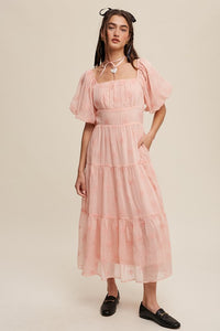 Apricot Flower Embroidered Puff Sleeve Tiered Maxi Dress