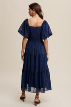 Midnight Flower Embroidered Puff Sleeve Tiered Maxi Dress