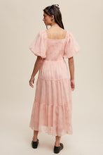 Apricot Flower Embroidered Puff Sleeve Tiered Maxi Dress