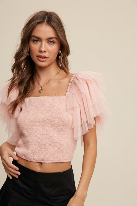 Blush Tiered Ruffle Sleeve Smocked Square Neck Top