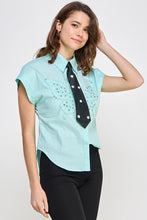 Mint Rhinestone Detail Neck Tie Shirt