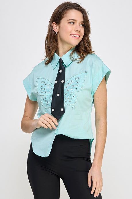 Mint Rhinestone Detail Neck Tie Shirt