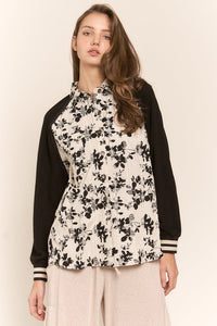 Ivory Black Floral Colorblock Button Up Shacket