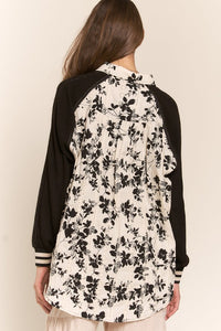 Ivory Black Floral Colorblock Button Up Shacket