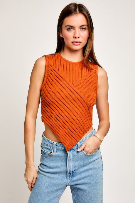 Burnt Orange Scarf Hem Sleeveless Sweater Top