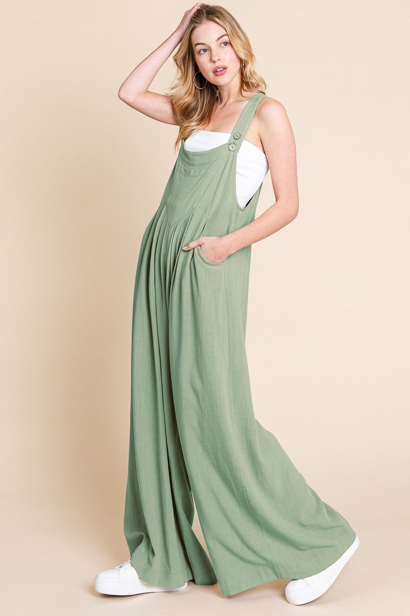 Sage Wide Leg Washed Linen Overalls Jumpsuit