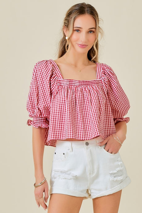 Red/White Square Neck Puff Sleeves Gingham Top