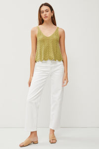 Lime Crochet V-Neck Scalloped Crop Pointelle Knit Tank