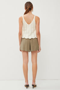 Off White Crochet V-Neck Scalloped Crop Pointelle Knit Tank